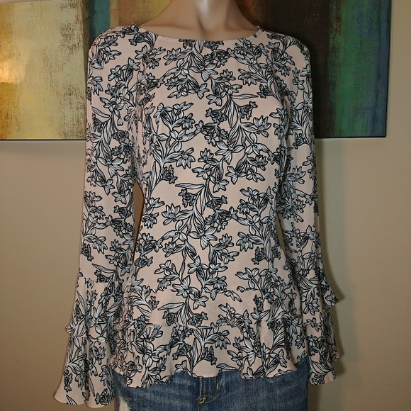 WORTHINGTON RUFFLE SLEEVE & HEM PRINT Beautiful Print Flare Sleeve - Picture 1 of 6
